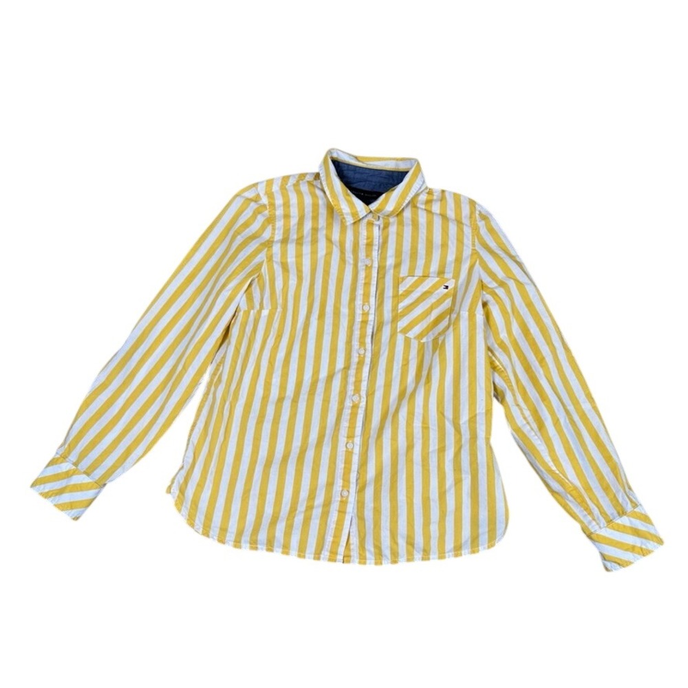 Tommy Hilfiger Womens Yellow White Striped Button Down Shirt Long Sleeve Size M